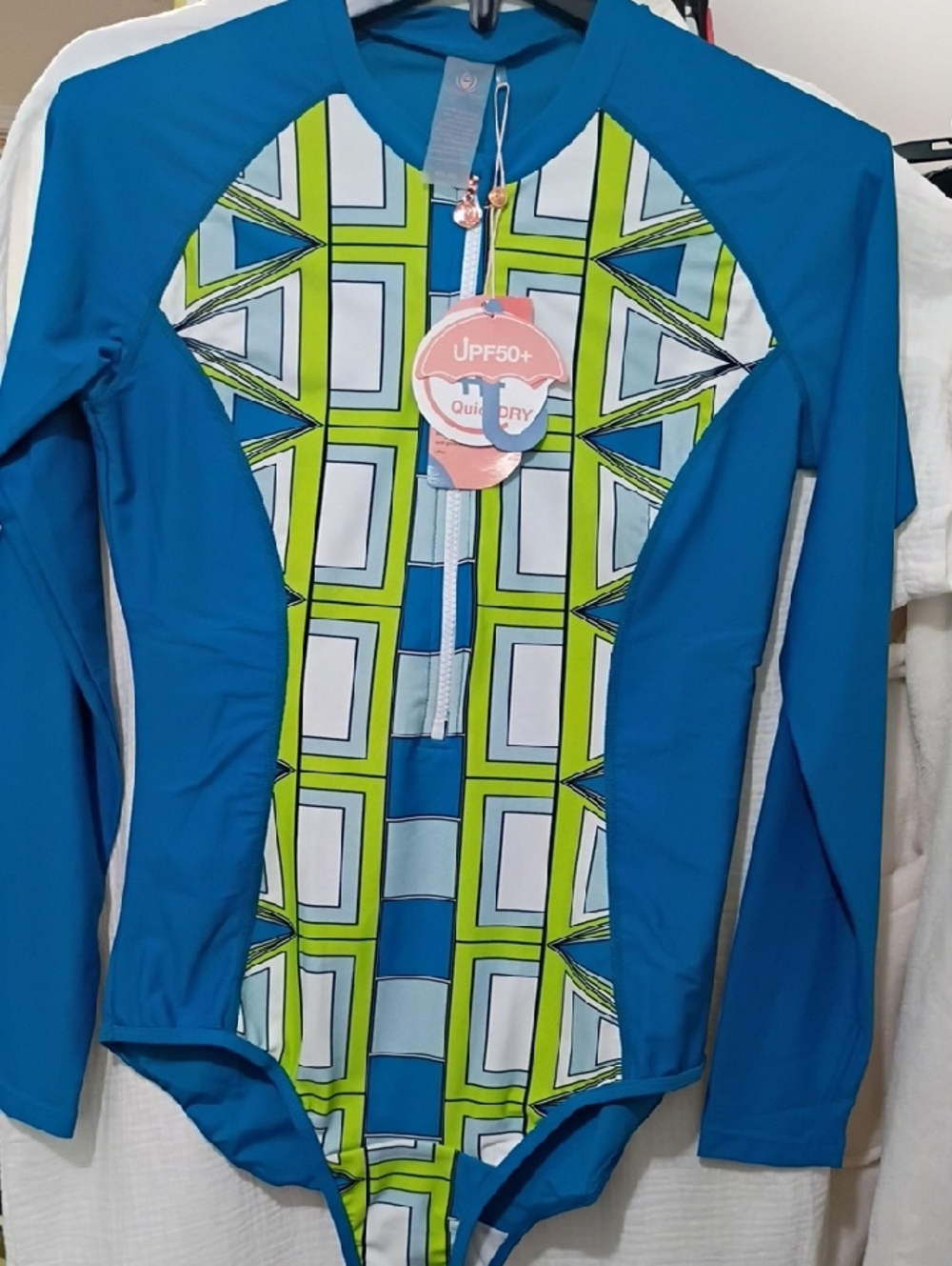 AS ROSE RICH LONG-SLEEVE UPF 50+ FRONT ZIP ONE-PIECE SWIMSUIT BLUE & LIME SIZE M